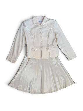 Vintage Michael Blair Cream Satin Bow Skirt Suit Set | Size 10 M | Made in USA